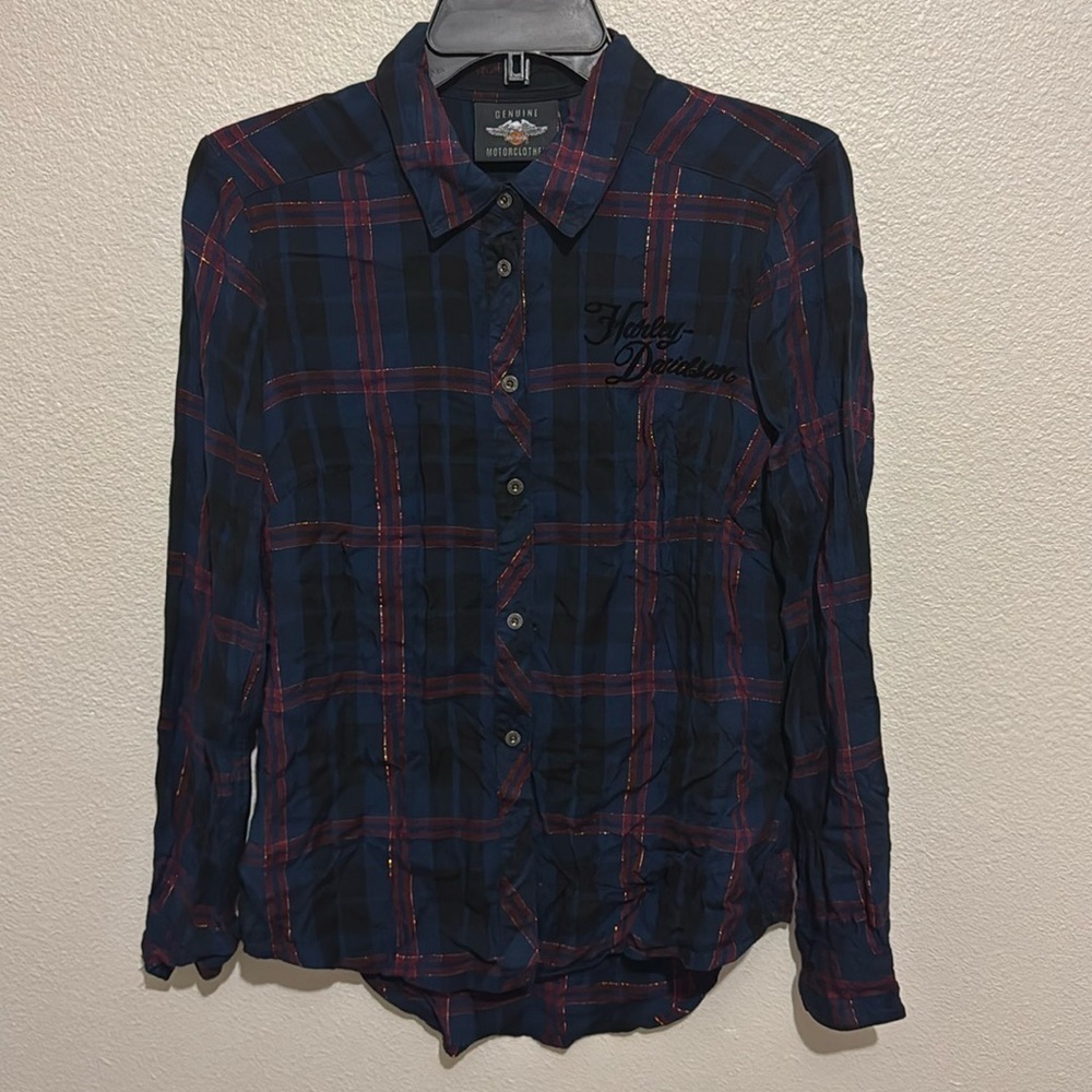 Harley-Davidson Genuine Flocked Velvet Roses Plaid Button Down Top Metallic Moto